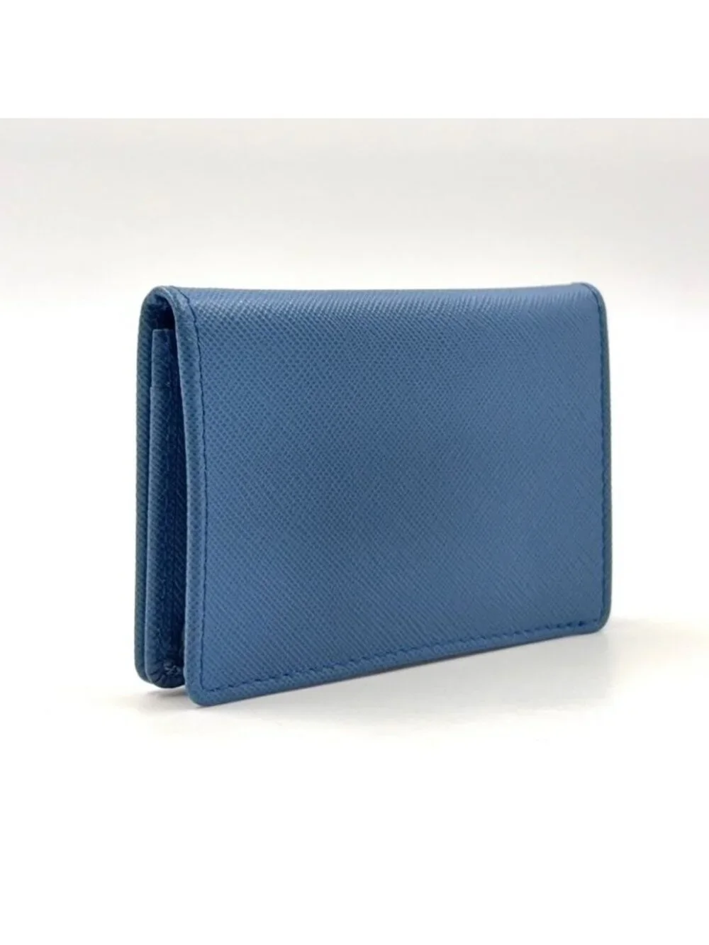 Prada Saffiano Metal Logo Leather Blue Card Case Gold - Picture 2 of 13